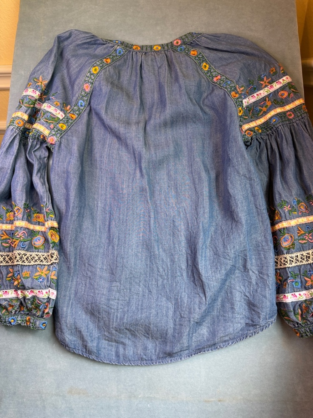 Embroidered Denim Peasant Blouse by Chelsea & Theodore - Picture 5 of 8